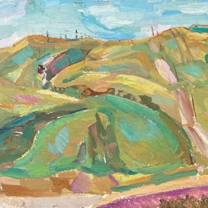Paisaje. Pintura al óleo antigua original del artista ucraniano Voziyanov A. 36-49 cartón óleo década de 1970