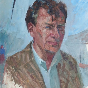 Retrato de un hombre. Pintura al óleo antigua original del realismo socialista Arte soviético Artista ucraniano Gribok D.K. 50-39 cm Óleo sobre cartón Años 70