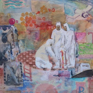 Científicos. Pintura original del artista ucraniano Zakharov A. 18-22 cm, cartón, técnica mixta, década de 1970.