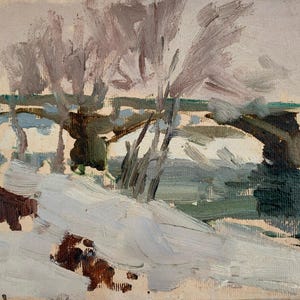 Estudo para a pintura "Ponte de Vinnitsa". Pintura original do artista ucraniano V. Pirogov. 19-26 cm, óleo sobre papelão.