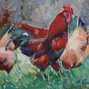 Gallo y gallinas. Pintura original del artista ucraniano Yalansky A. 14-18 cm, óleo sobre cartón, década de 2000