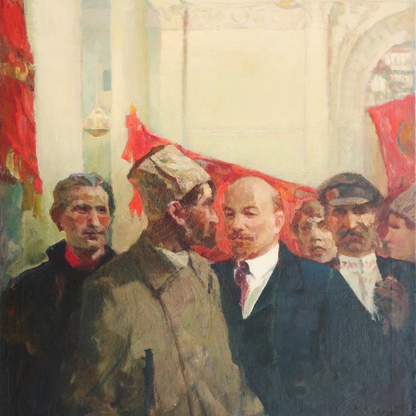 Lenin in Smolny Antikes Ölgemälde Original des sozialistischen Realismus Sowjetische Kunst Künstler Volodin N. Öl auf Leinwand 100-80cm 1985-87Jahre