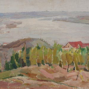 Kanev. Pintura original del artista ucraniano Kryzhanovskaya M. 35-49 cm, óleo sobre lienzo sobre cartón, año 1965