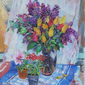 Yellow tulips. Original painting by Ukrainian artist Chernova N. 77-70 cm, oil on canvas