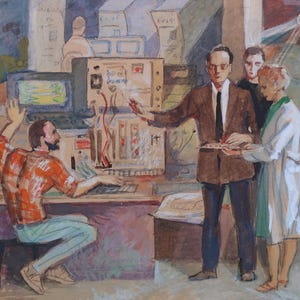 Científicos. Pintura original del artista ucraniano Zakharov A. 18-21 cm, cartón, técnica mixta, década de 1970.