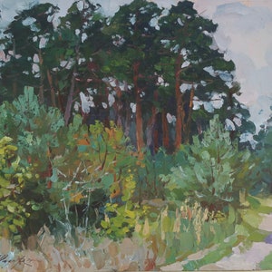Près de la forêt. Artiste ukrainien Nazarenko A. 49-65 cm, huile sur carton, année 1980