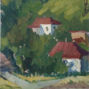 Paisaje. Pintura original de la artista ucraniana Zakharova, 27-18 cm, óleo sobre cartón, década de 1970.