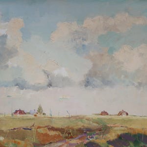 Paysage. Peinture originale de l'artiste ukrainien Yatsenko V. 36-49 cm, huile sur carton, année 1951