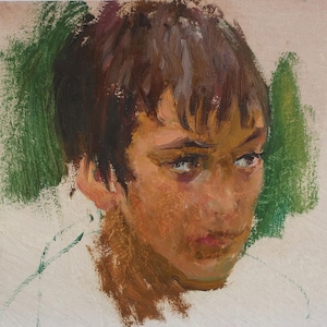 Retrato. Pintura original de la artista ucraniana Zakharova, 25-28 cm de largo, óleo sobre cartón, década de 1970.