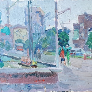 Urban landscape. Oil painting original Ukrainian artist Repka S. 18-23 cm cardboard oil 1980s