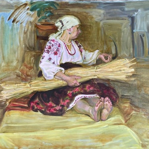 Woman with a sheaf. Oil painting original Ukrainian artist Orlova M 120-140 cm oil on canvas