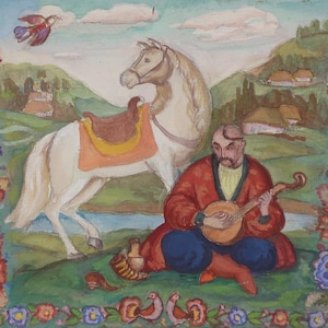 Cosaca. Pintura original de la artista ucraniana Zakharova, 19-24 cm de largo, técnica mixta sobre cartón, década de 1970.