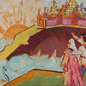 Cuento de hadas. Pintura original de la artista ucraniana Zakharova, 17-22 cm de largo, óleo sobre cartón, década de 1980.