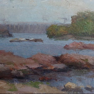 Roches du Dniepr. Artiste ukrainien Koshel A.10-16 cm, huile sur carton, année 1980
