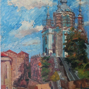 Iglesia de San Andrés Pintura al óleo antigua original del socialismo Arte soviético Artista ucraniano Gribok D.K. 68-50 cm óleo sobre cartón Años 1980