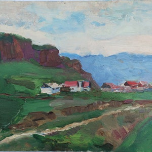Paisaje. Pintura al óleo antigua para el arte en el original del socialismo Arte soviético Artista ucraniano Gribok D.K. 25-38 cm Óleo sobre cartón Años 70