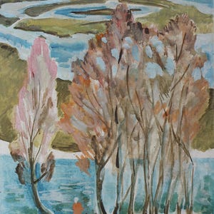 Paisaje. Pintura original de la artista ucraniana Zakharova, 30-17 cm, cartón, técnica mixta, década de 1980.