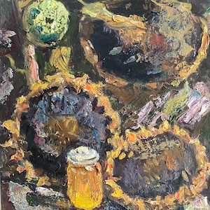 Girasoles. Pintura al óleo original del artista ucraniano Repka S. 50-45 cm cartón óleo año 1995