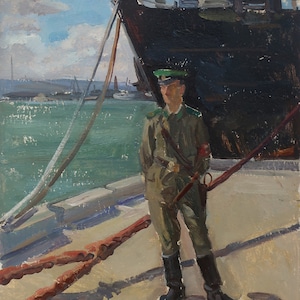 Buque de guerra. Artista ucraniano Polyakov S. 49-39 cm, óleo sobre cartón, años 1980