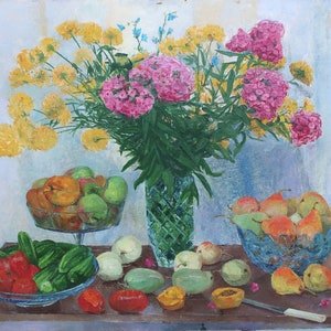 Verduras y frutas. Pintura al óleo original del realismo socialista del artista ucraniano Gribok D.K. 79-100 cm cartón óleo 2000