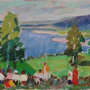 In gita. Artista ucraino Shifman I. 18-23 cm, olio su carta, anni '60