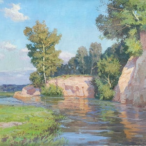 Summer landscape. Oil painting original socialist realism Ukrainian artist Khodchenko L. 95-135cm oil on cardboard 1960s