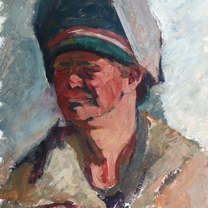 Retrato de un trabajador Pintura al óleo antigua original del socialismo Arte soviético Artista ucraniano Gribok D.K. 48-41 cm Óleo sobre cartón Años 70