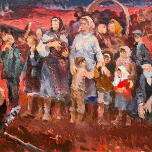 Campesinos. Pintura original del artista ucraniano Pirogov V. 33-48 cm, óleo sobre cartón, década de 1980.