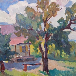 Paisaje. Pintura original de la artista ucraniana Chernova N. 50-68 cm, óleo sobre cartón, década de 1970.