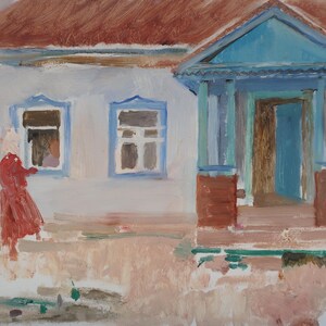 Cerca de la casa. Pintura original de la artista ucraniana Kryzhanovskaya M. 23-32 cm, óleo sobre cartón, 1971.