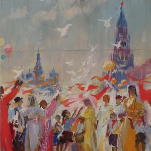 Amitié. Peinture originale de l'artiste ukrainien Tomenko G. 41-34 cm, huile sur carton, année 1985