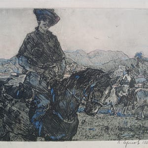 Cavaliere. Dipinto dell'artista ucraino Chernov L. 23-28 cm, linoleografia su carta