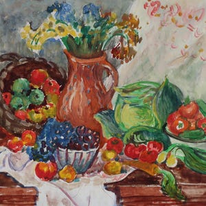 Naturaleza muerta. Pintura original de la artista ucraniana Zakharova, 19-23 cm, cartón gouache, década de 1980.