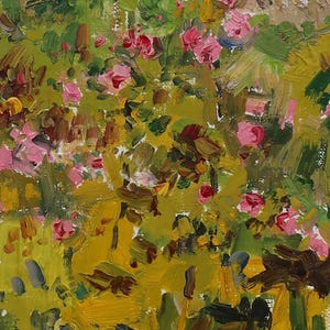 Malvas. Pintura original del artista ucraniano Yalansky A. 45-15 cm, óleo sobre lienzo sobre cartón