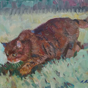Cat. Peinture originale de l'artiste ukrainien Yalansky A. 20-30 cm, huile sur toile sur carton, années 2000