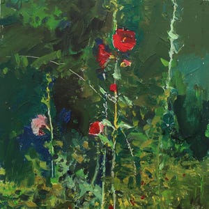 Malvas. Pintura original del artista ucraniano Yalansky A. 27-21 cm, óleo sobre cartón