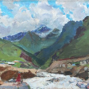 Mountain village. Oil painting original socialist realism Ukrainian artist Gribok D.K. 37-47 cm oil on canvas 1970s