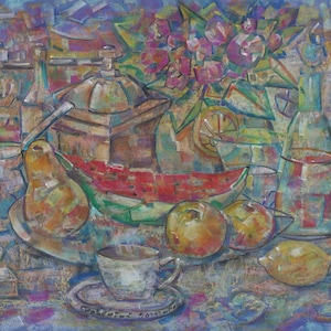 Natura morta cubista. Dipinto originale dell'artista ucraino Bogatyrev V. (Slavetny), 50-70 cm, carta mista.
