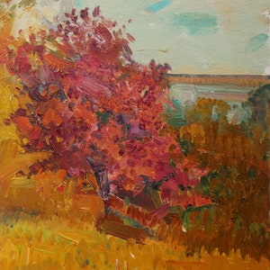 Outono. Artista ucraniano Yalansky A.23-19 cm, óleo sobre tela sobre papelão