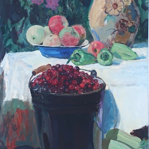 Cerezas en un cubo. Pintura al óleo antigua original del realismo socialista Arte soviético Artista ucraniano Gribok D.K. 80-50 cm Óleo sobre cartón