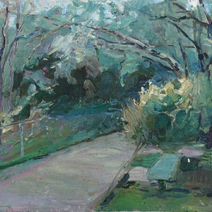 Landschap. Antiek olieverfschilderij origineel van socialistisch realisme Oekraïense kunstenaar Titarenko M.A. olieverf op doek op karton 34-46 cm, 1989 jaar