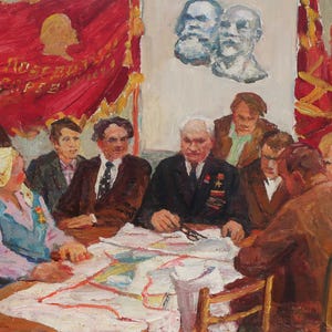 Réunion. Peinture originale de l'artiste ukrainien Tomenko G. 33-50 cm, huile sur carton, années 1960.