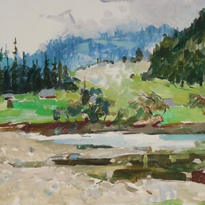 Carpates. Peinture originale de l'artiste ukrainienne Kryzhanovskaya M. 32-46 cm, huile sur carton, 1965