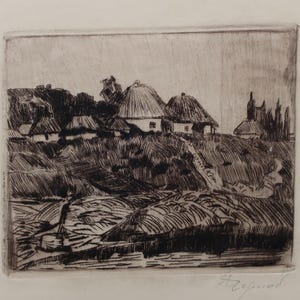 Paesaggio. Dipinto originale dell'artista ucraino Chernov L. 13-15 cm, incisione su carta, anni '60