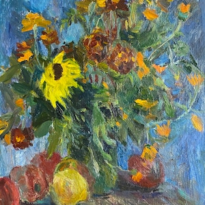 Naturaleza muerta. Pintura al óleo original del artista ucraniano Gorshkov N. 45-35 cm cartón óleo década de 1970