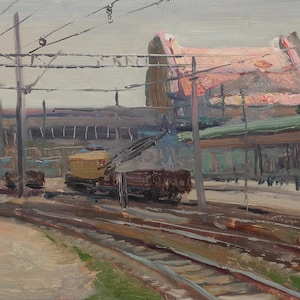 Estación. Pintura original del artista ucraniano Polyakov S. 21-34 cm, óleo sobre cartón, década de 2000