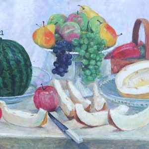 Melón cortado. Pintura al óleo antigua original del realismo socialista Arte soviético Artista ucraniano Gribok D.K. 50-70 cm Óleo sobre cartón Años 80