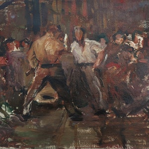 Boceto. Pintura al óleo antigua original del realismo socialista Arte soviético Artista ucraniano Gribok D.K. 30-66 cm Óleo sobre cartón Años 70