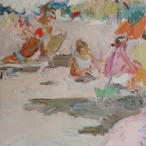 Sur la plage. Peinture originale de l'artiste ukrainienne Khitrova T. 47-25 cm, huile sur carton, années 1960