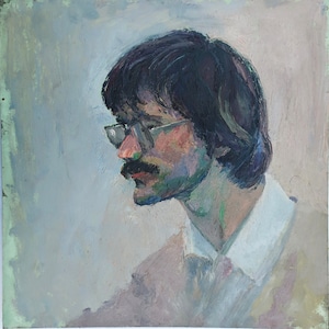 Retrato de un hombre. Pintura al óleo antigua original del realismo socialista Arte soviético Artista ucraniano Gribok D.K. 50-50 cm Óleo sobre cartón Años 70